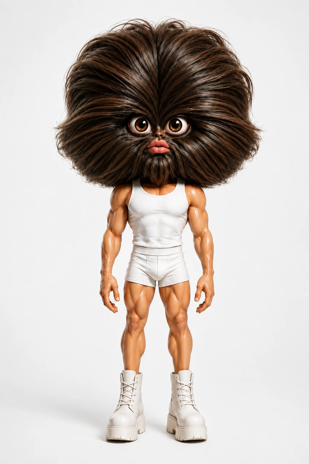 Bano Malano with enormous brown hair and a white outfit